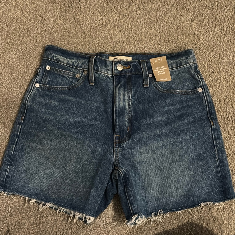 Madewell relaxed mid-length denim shorts high rise distressed edges NWT